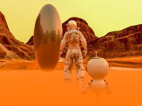 Astronaut and small robot facing a strange egg-shaped object at the spacewalk on a desert planet - 3d rendering