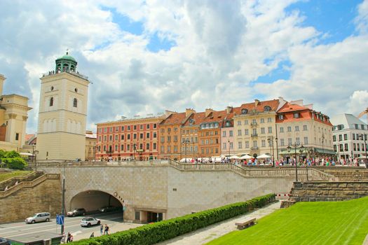 Modern architecture in Warsaw, Poland. Busy traffic in capital of Poland Warsaw city. Beautiful architecture and street in Polish capital Warsaw. People enjoy journey