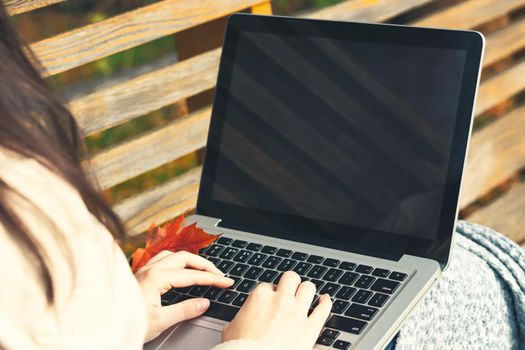 Girl uses a laptop while sitting on a bench in the autumn park. Blank for design on laptop screen.