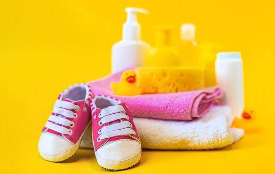 Accessories for bathing the baby. Selective focus. nature.