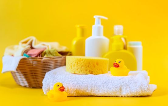 Accessories for bathing the baby. Selective focus. nature.