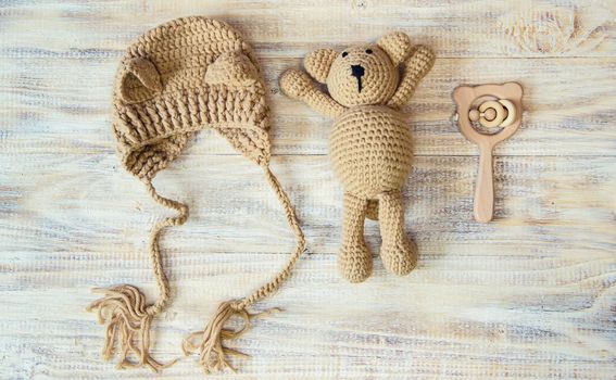 Children's toy and accessories on a light background. Selective focus. nature.