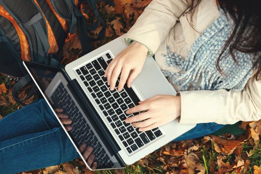 girl uses a laptop while sitting on the grass in the autumn park.