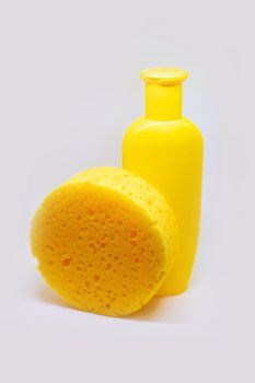 Children's shampoo and bath sponge. Selective focus. baby.