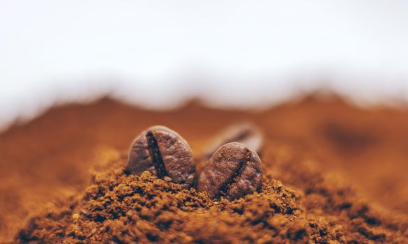 Coffee beans roasted close-up. Drink. Selective focus. Food.