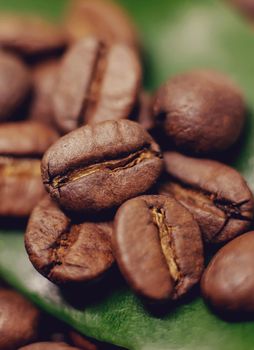 Coffee beans roasted close-up. Drink. Selective focus. Food.