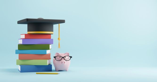 Education and study abroad concept design of graduation cap on colorful stack of books and piggy bank wearing glasses 3D render