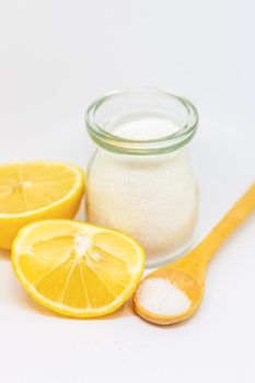 Citric acid on a white isolated background. Selective focus. Food.