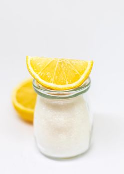 Citric acid on a white isolated background. Selective focus. Food.