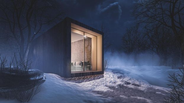 3D rendering illustration of modern house with Snow Landscape