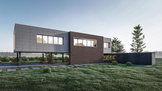 3D rendering illustration of modern house with natural Landscape