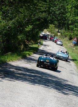 URBINO, ITALY - JUN 16 - 2022 : COOPER BRISTOL T25 BRISTOL 1953 on an old racing car in rally Mille Miglia 2022 the famous italian historical race (1927-1957URBINO, ITALY - JUN 16 - 2022 : COOPER BRISTOL T25 BRISTOL 1953 on an old racing car in rally Mille Miglia 2022 the famous italian historical race (1927-1957