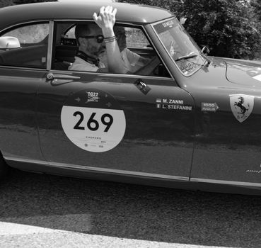 URBINO, ITALY - JUN 16 - 2022 : FERRARI 212 INTER EUROPA PINIFARINA 1953 on an old racing car in rally Mille Miglia 2022 the famous italian historical race (1927-1957