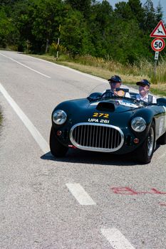URBINO, ITALY - JUN 16 - 2022 : COOPER BRISTOL T25 BRISTOL 1953 on an old racing car in rally Mille Miglia 2022 the famous italian historical race (1927-1957