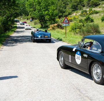 URBINO, ITALY - JUN 16 - 2022 : ASTON MARTIN DB 2/4 BERTONE SPIDER 1953 on an old racing car in rally Mille Miglia 2022 the famous italian historical race (1927-1957