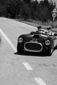 URBINO, ITALY - JUN 16 - 2022 : COOPER BRISTOL T25 BRISTOL 1953 on an old racing car in rally Mille Miglia 2022 the famous italian historical race (1927-1957