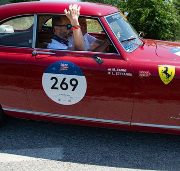 URBINO, ITALY - JUN 16 - 2022 : FERRARI 212 INTER EUROPA PINIFARINA 1953 on an old racing car in rally Mille Miglia 2022 the famous italian historical race (1927-1957