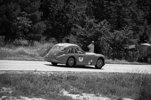 URBINO, ITALY - JUN 16 - 2022 : TALBOT-LAGO T26 GS 1950 on an old racing car in rally Mille Miglia 2022 the famous italian historical race (1927-1957