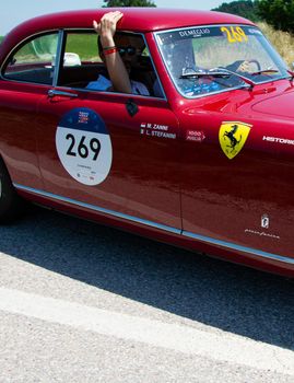 URBINO, ITALY - JUN 16 - 2022 : FERRARI 212 INTER EUROPA PINIFARINA 1953 on an old racing car in rally Mille Miglia 2022 the famous italian historical race (1927-1957