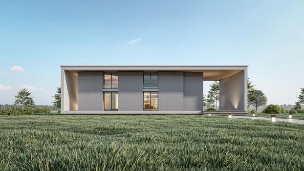 3D rendering illustration of modern house with natural Landscape