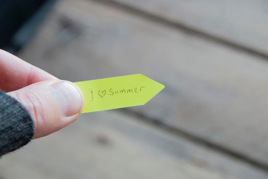 I love summer. The hand holds a sign with the inscription. High quality photo