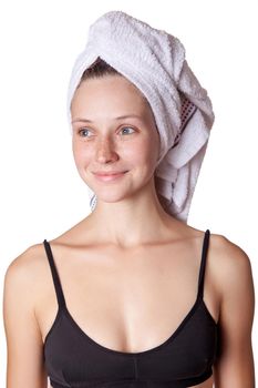 Spa skin care beauty woman wearing hair towel after beauty treatment. Beautiful multiracial young woman with perfect skin. studio shot isolated on white background.