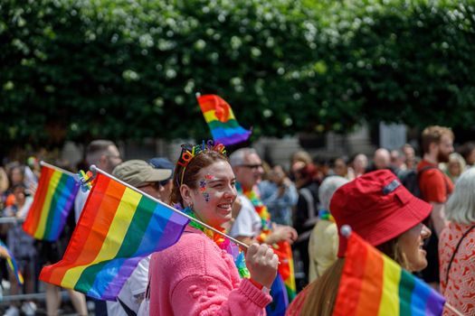 Dublin, Ireland, June 25th 2022. Ireland pride 2022 parade with people walking on one of the main city street. High quality photo