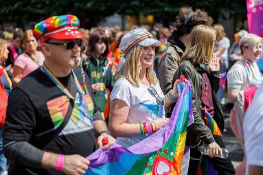 Dublin, Ireland, June 25th 2022. Ireland pride 2022 parade with people walking on one of the main city street. High quality photo