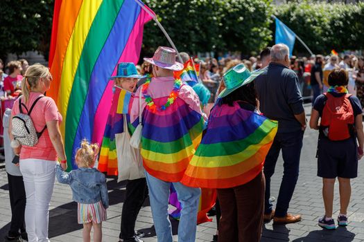 Dublin, Ireland, June 25th 2022. Ireland pride 2022 parade with people walking on one of the main city street. High quality photo