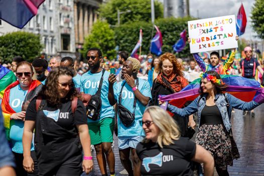 Dublin, Ireland, June 25th 2022. Ireland pride 2022 parade with people walking on one of the main city street. High quality photo