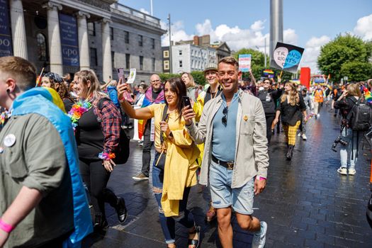 Dublin, Ireland, June 25th 2022. Ireland pride 2022 parade with people walking on one of the main city street. High quality photo