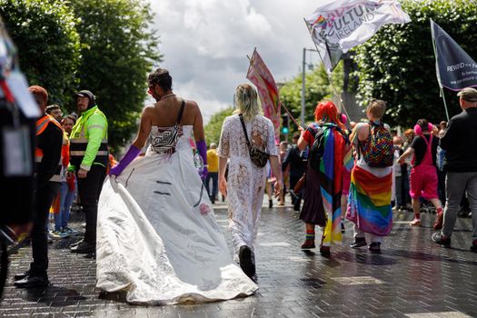 Dublin, Ireland, June 25th 2022. Ireland pride 2022 parade with people walking on one of the main city street. High quality photo