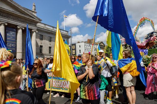 Dublin, Ireland, June 25th 2022. Ireland pride 2022 parade with people walking one one of the main city street. High quality photo