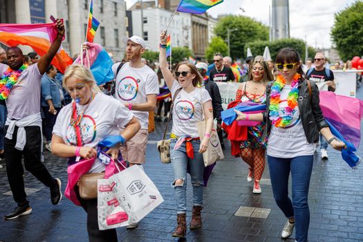 Dublin, Ireland, June 25th 2022. Ireland pride 2022 parade with people walking one one of the main city street. High quality photo