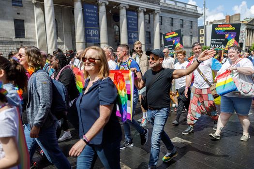 Dublin, Ireland, June 25th 2022. Ireland pride 2022 parade with people walking on one of the main city street. High quality photo