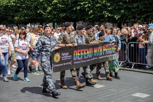 Dublin, Ireland, June 25th 2022. Ireland pride 2022 parade with people walking on one of the main city street. High quality photo