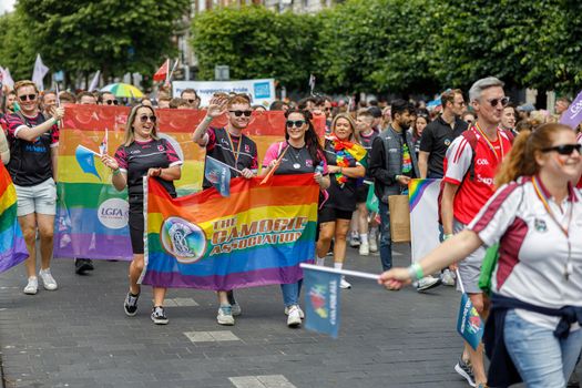 Dublin, Ireland, June 25th 2022. Ireland pride 2022 parade with people walking on one of the main city street. High quality photo