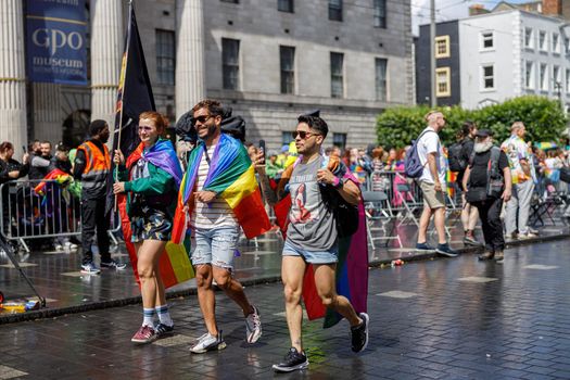 Dublin, Ireland, June 25th 2022. Ireland pride 2022 parade with people walking on one of the main city street. High quality photo