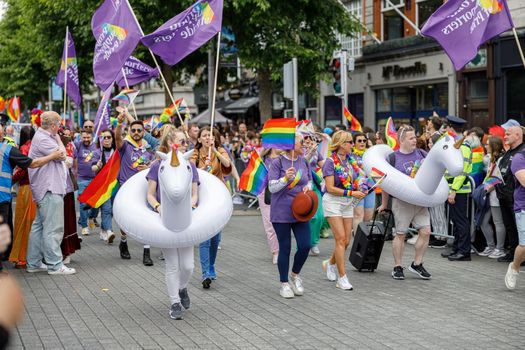 Dublin, Ireland, June 25th 2022. Ireland pride 2022 parade with people walking one one of the main city street. High quality photo