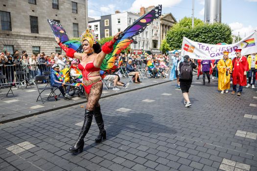 Dublin, Ireland, June 25th 2022. Ireland pride 2022 parade with people walking on one of the main city street. High quality photo