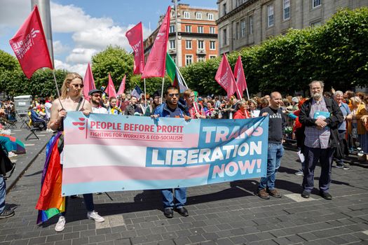 Dublin, Ireland, June 25th 2022. Ireland pride 2022 parade with people walking on one of the main city street. High quality photo