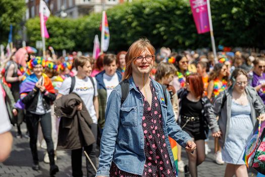 Dublin, Ireland, June 25th 2022. Ireland pride 2022 parade with people walking on one of the main city street. High quality photo