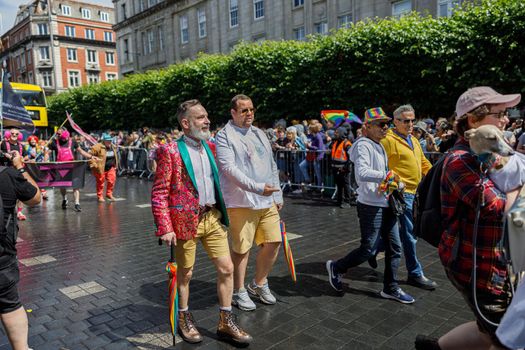 Dublin, Ireland, June 25th 2022. Ireland pride 2022 parade with people walking on one of the main city street. High quality photo