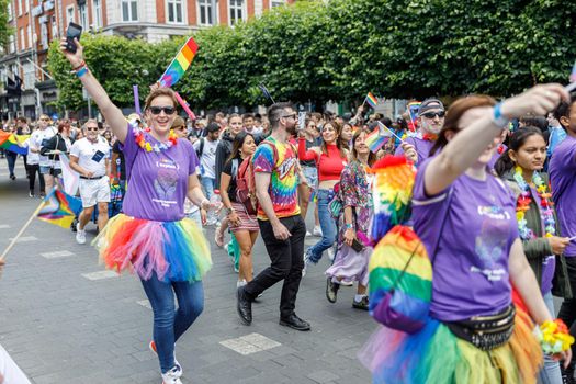 Dublin, Ireland, June 25th 2022. Ireland pride 2022 parade with people walking on one of the main city street. High quality photo