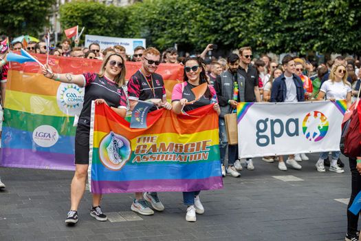 Dublin, Ireland, June 25th 2022. Ireland pride 2022 parade with people walking on one of the main city street. High quality photo