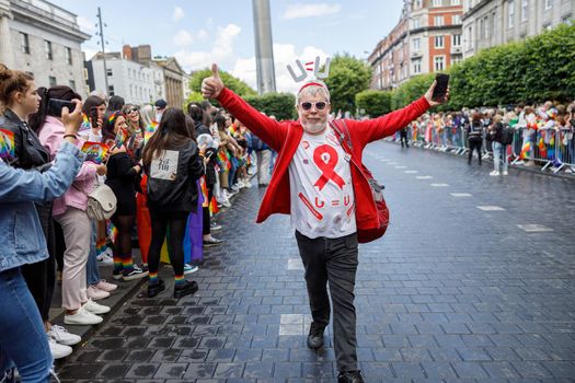 Dublin, Ireland, June 25th 2022. Ireland pride 2022 parade with people walking on one of the main city street. High quality photo