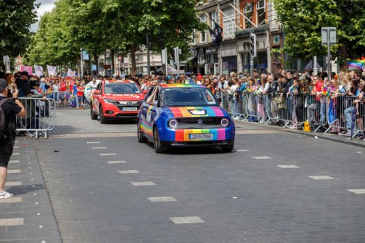 Dublin, Ireland, June 25th 2022. Ireland pride 2022 parade with people walking on one of the main city street. High quality photo