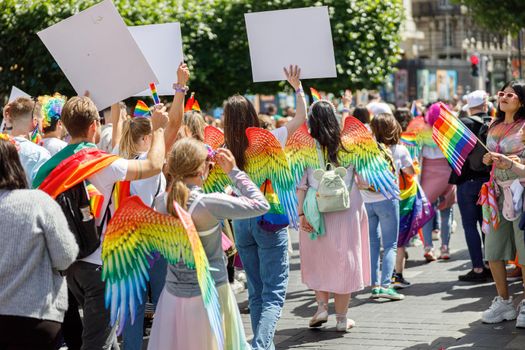 Dublin, Ireland, June 25th 2022. Ireland pride 2022 parade with people walking on one of the main city street. High quality photo