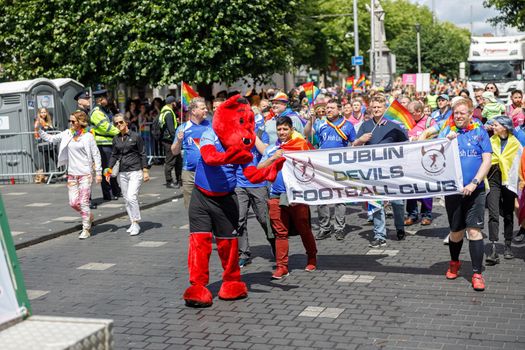 Dublin, Ireland, June 25th 2022. Ireland pride 2022 parade with people walking on one of the main city street. High quality photo