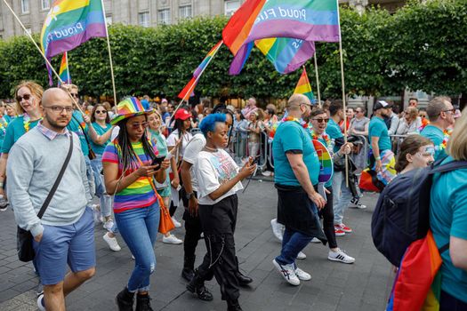 Dublin, Ireland, June 25th 2022. Ireland pride 2022 parade with people walking on one of the main city street. High quality photo